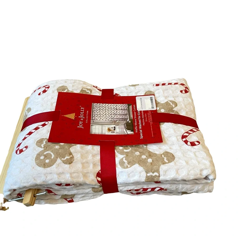 Joy & Jolly GINGERBREAD Shower Curtain 72x72 Christmas Candy Cane Waffle Weave